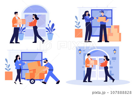 Hand Drawn a delivery man is delivering a package to a customer in flat style Hand Drawn a delivery man is delivering a package to a customer in flat style 107888828
