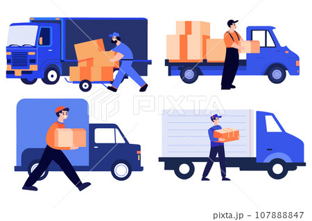 Hand Drawn Delivery man with delivery truck in flat style Hand Drawn Delivery man with delivery truck in flat style 107888847