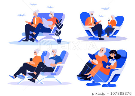 Hand Drawn Elderly couple sitting on a plane to travel in flat style 107888876