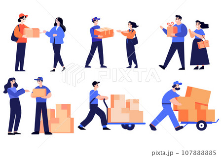 Hand Drawn a delivery man is delivering a package to a customer in flat style Hand Drawn a delivery man is delivering a package to a customer in flat style 107888885