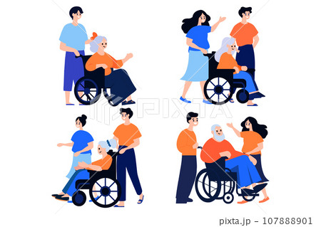 Hand Drawn Elderly person sitting in a wheelchair and child in flat style 107888901