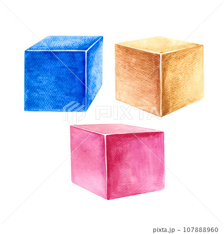 A set of children's cubes. Pink, yellow and blue. A child's toy. Handmade watercolor illustration. Isolate. For compositions of postcards, banners, stickers and decorations, labels, packaging. 107888960