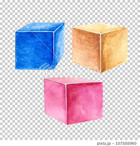 A set of children's cubes. Pink, yellow and blue. A child's toy. Handmade watercolor illustration. Isolate. For compositions of postcards, banners, stickers and decorations, labels, packaging. 107888960