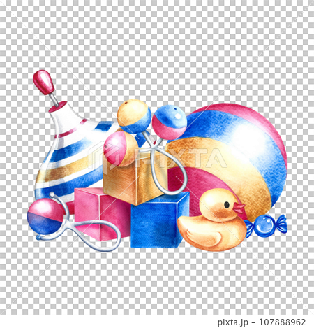 Children's toys ball, spinning top, cubes, yellow duck and rattles. Handmade watercolor illustration. For the design of children's book, postcards and flyers. For labels, packaging of children's goods 107888962