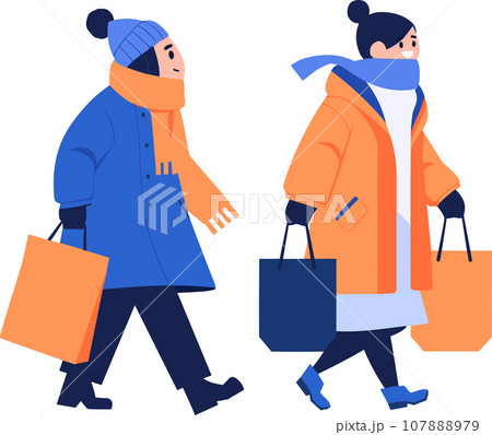 Hand Drawn couple wearing winter clothing walks on a path filled with snow in flat style Hand Drawn couple wearing winter clothing walks on a path filled with snow in flat style 107888979
