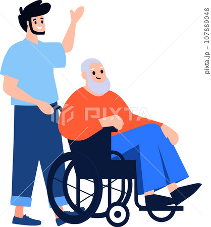 Hand Drawn Elderly person sitting in a wheelchair and child in flat style 107889048