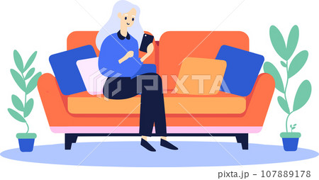 Hand Drawn Elderly woman sitting on the sofa using a smartphone in flat style 107889178