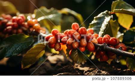 Fresh coffee cherry on the branch. Generatine AI. Fresh coffee cherry on the branch. Generatine AI. 107889306