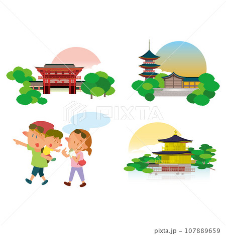 京都観光を楽しむ外国人家族のイラストセット 107889659