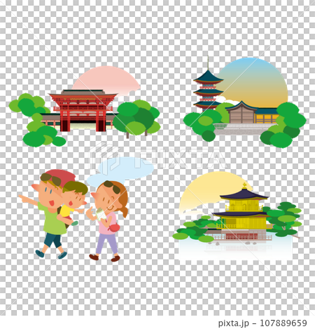 Illustration set of a foreign family enjoying sightseeing in Kyoto 107889659