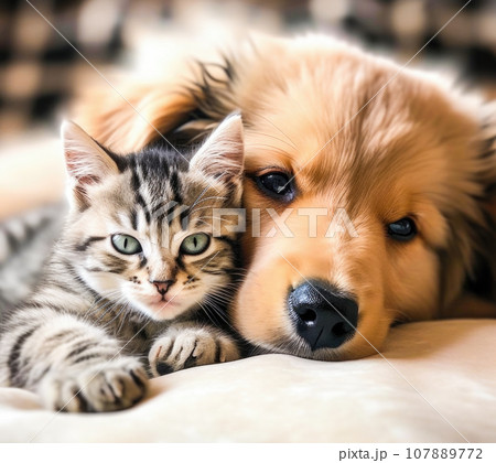 Cute puppy and kitten lie together Cute puppy and kitten lie together 107889772