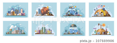 Industrial pollution. Dirty waste. Environmental pollution. Vector illustration. Smokes with smog are warning signs polluted environment Trash emission contributes to both land and air pollution 107889986