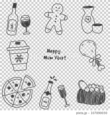 Monochrome illustration set of drinks and food for New Year, Christmas, and New Year holidays Monochrome illustration set of drinks and food for New Year, Christmas, and New Year holidays 107890030