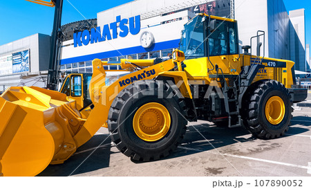 MOSCOW, RUSSIA - April 26, 2019: Exhibition Mining World. New yellow powerful front loader Komatsu WA470. 107890052