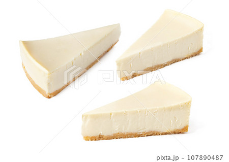 set pack of different angles slices of classical cheesecake new york vanilla on white background isolated 107890487