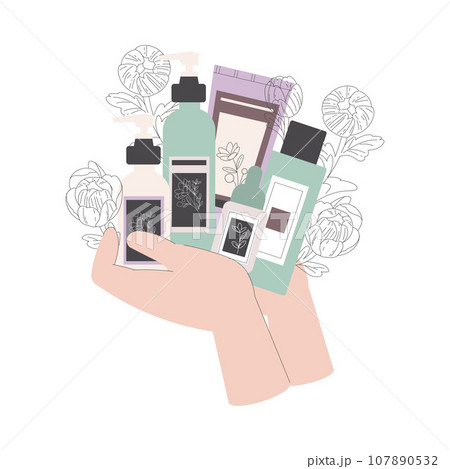 Beauty Care with Hands Holding Lotion or Cream Bottle Vector Illustration 107890532