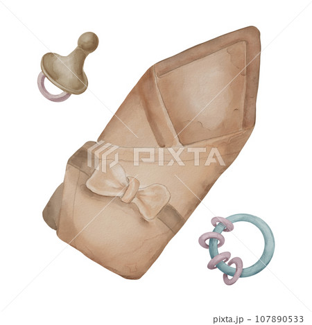 Watercolor illustration set with baby supplies isolated on white background. Hand drawn swaddle blanket and nipple . Baby toy in pastel shades. Elements for card, tags, invitation, printing, wrapping 107890533