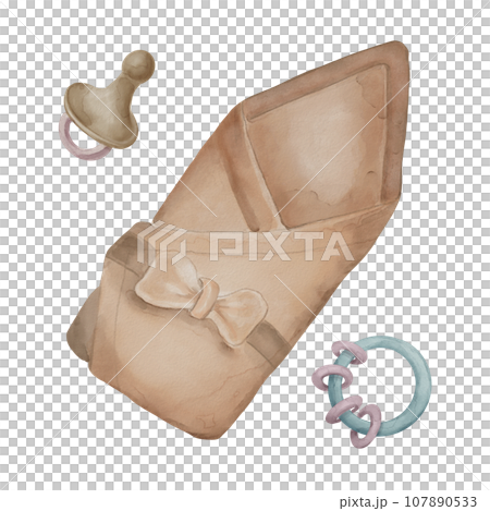 Watercolor illustration set with baby supplies isolated on white background. Hand drawn swaddle blanket and nipple . Baby toy in pastel shades. Elements for card, tags, invitation, printing, wrapping 107890533