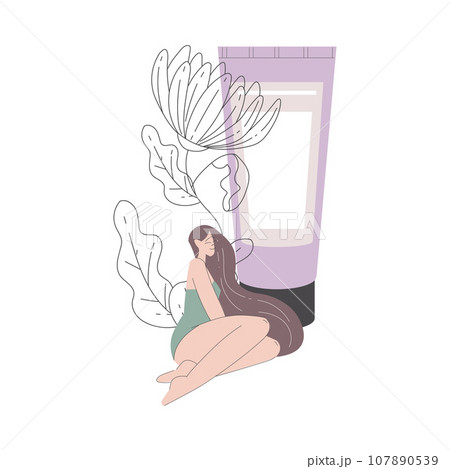 Beauty Care with Young Woman Sitting at Cream Tube Vector Illustration 107890539