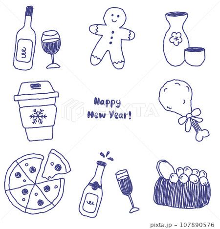 正月、クリスマス、年末年始の飲み物と食べ物のイラストセット　ネイビー 107890576
