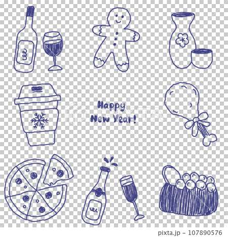 正月、クリスマス、年末年始の飲み物と食べ物のイラストセット　ネイビー 107890576
