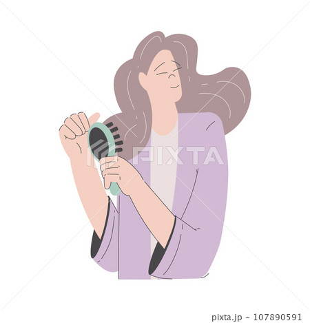 Beauty Care with Young Woman Brushing Have Hair Routine Vector Illustration 107890591