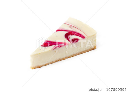 Slice of classical cheesecake new york strawberry or raspberry jam on white background isolated top view 107890595