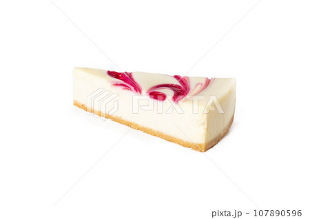 Slice of classical cheesecake new york strawberry or raspberry jam on white background isolated back view 107890596