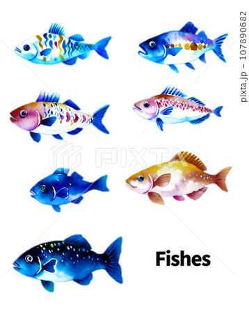 かわいい魚たちの手描きイラスト かわいい魚たちの手描きイラスト 107890682