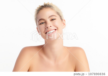 Beautiful smile of young woman with healthy white teeth on white background, Dental care. Dentistry concept. Beautiful smile of young woman with healthy white teeth on white background, Dental care. Dentistry concept. 107890836