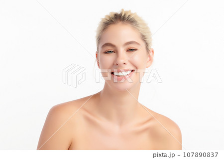 Beautiful smile of young woman with healthy white teeth on white background, Dental care. Dentistry concept. 107890837