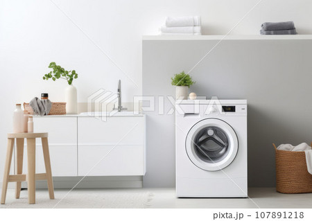 Interior of home laundry room with modern washing machine. Generative AI 107891218