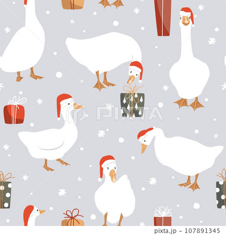 Geese in Santa Claus helper hats seamless pattern. Cartoon goose and gift boxes. Background for Christmas wrapping paper, wallpaper, clothes print and fabrics. Vector illustration Geese in Santa Claus helper hats seamless pattern. Cartoon goose and gift boxes. Background for Christmas wrapping paper, wallpaper, clothes print and fabrics. Vector illustration 107891345
