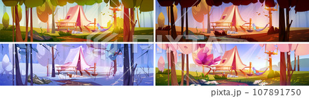 Four season set of camp in forest 107891750