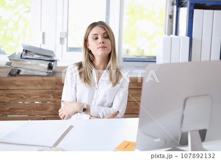 Beautiful smiling businesswoman portrait workplace Beautiful smiling businesswoman portrait workplace 107892132