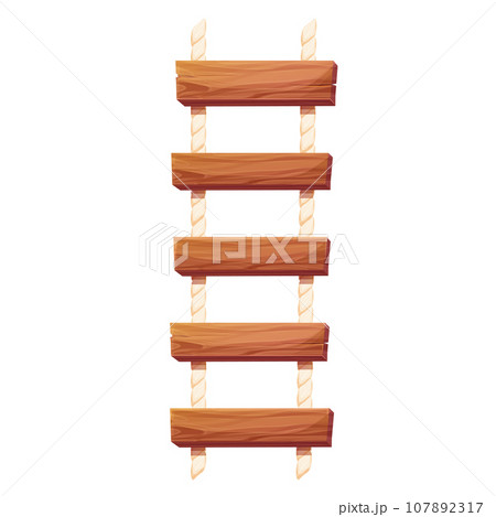 Wooden ladder with rope, planks hanging, staircase in cartoon style isolated on white background, Bridge, game road. Wooden ladder with rope, planks hanging, staircase in cartoon style isolated on white background, Bridge, game road. 107892317