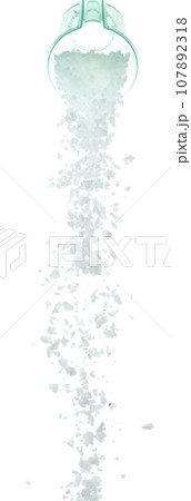 Salt rock flower pour fall in cup, white Salt rock flower cook abstract cloud fly. Big size ground salt splash in air, food object element design. White background isolated high speed freeze motion 107892318