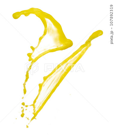 Yellow liquid flying explosion, pigment corn banana juice fresh float pour in mid air. Yellow paint color splash spill drop abstract. White background Isolated high speed shutter, throwing freeze stop 107892319