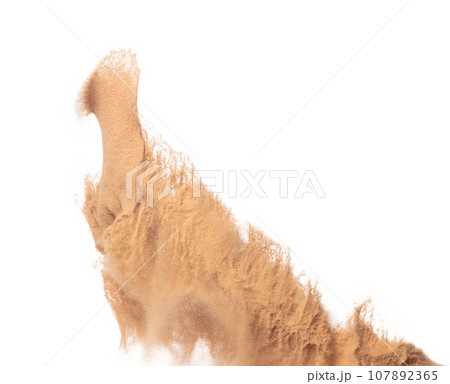 Big size Sand flying explosion, Golden grain wave explode. Abstract cloud fly. Yellow colored sand splash throwing in Air. White background Isolated high speed shutter, throwing freeze stop motion 107892365