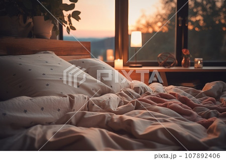 A serene bedroom scene with soft lighting, a neatly made bed, and a calm atmosphere, symbolizing a perfect sleep environment.Generative Ai 107892406