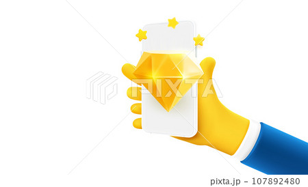 Man holding smartphone with golden gem on the screen. 3d vector banner with copy space Man holding smartphone with golden gem on the screen. 3d vector banner with copy space 107892480