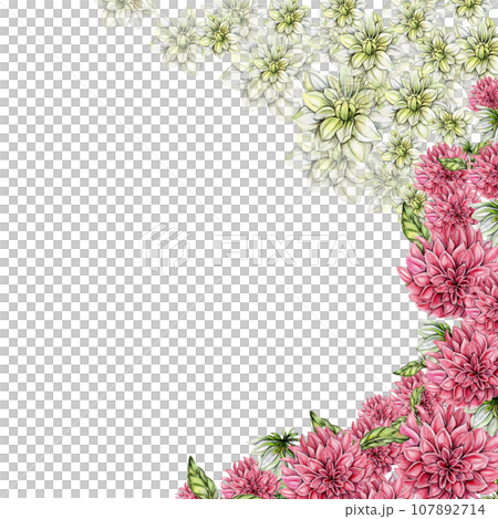 Watercolor dahlia flowers composition. Hand drawn illustration of a blooming flower garden. Design for baby shower party, birthday, cake, holiday celebration design, posters,greetings card,invitation. Watercolor dahlia flowers composition. Hand drawn illustration of a blooming flower garden. Design for baby shower party, birthday, cake, holiday celebration design, posters,greetings card,invitation. 107892714