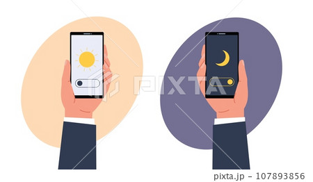 Hand holds smartphone with day and night mode interface. On and off slide positions. Mobile phone lighting adjustment. Switch button on screen. Cartoon flat isolated illustration. Vector concept Hand holds smartphone with day and night mode interface. On and off slide positions. Mobile phone lighting adjustment. Switch button on screen. Cartoon flat isolated illustration. Vector concept 107893856