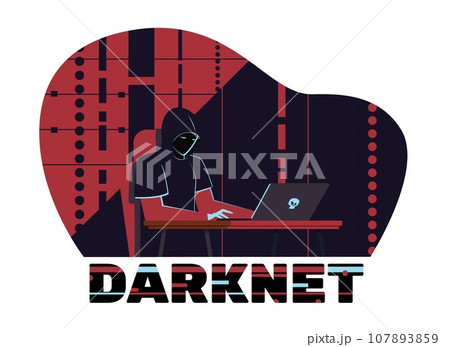 Hacker sits behind laptop, darknet user. Man searching hidden information in dark net, stealing personal data, banking crime. Cyber scammer. Cartoon flat style isolated vector concept 107893859