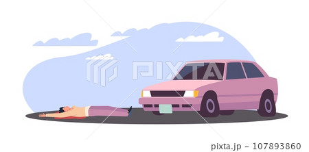 Guy injured in traffic accident lies unconscious in pool of blood on street. Car hit man. Auto accident. transport collision with character. Cartoon flat style isolated vector concept 107893860