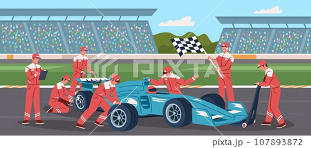 Car repair at sport races. Pit stop team, people in uniform quickly change wheels of bolide, professional mechanics on competition, cartoon flat isolated illustration, nowaday vector concept 107893872