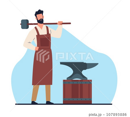 Blacksmith with hammer in foundry near anvil. Man holding sledgehammer. Handicraft worker. Forging metal. Male character professional metalwork cartoon flat style isolated vector concept 107893886