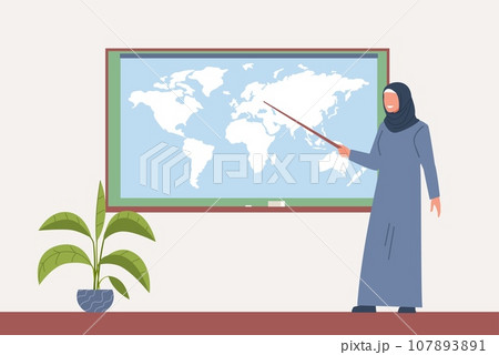 Arab female teacher in hijab stands with pointer near blackboard in her classroom. Earth map on black board, woman with pointer teaching geography. Cartoon flat isolated vector concept 107893891