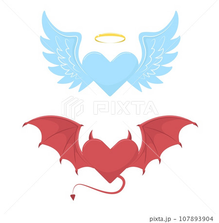 Angel and devil hearts with wings. Blue and red heart. Golden halo, bat wings and tail. Halloween decorative element. Hell and heaven symbol, cartoon flat style isolated vector concept 107893904