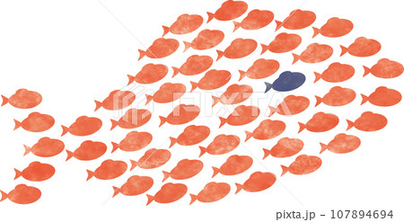 小さな魚がたくさん集まって大きな魚に見えるイラスト、群れ、大群 107894694
